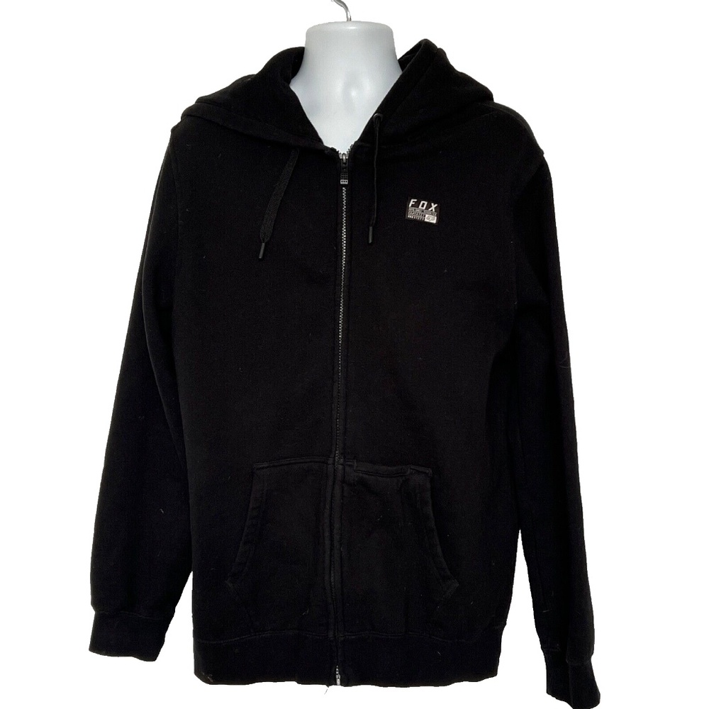 Fox Racing Hoodie Sweatshirt Mens Size Large Zip Up Fox Spellout on Back Black